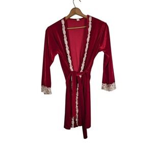 Coquette Red Velvet Lace Trim Robe Womens Size XL Whimsigoth Christmas Short VTG